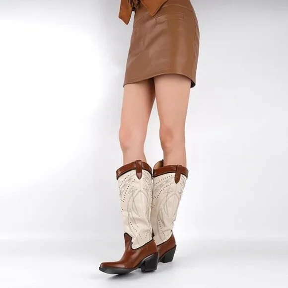 Studded Rivets Knee High Cowboy Boots Pull On Pointed Toe Stacked Embroidered - Picture 3 of 6